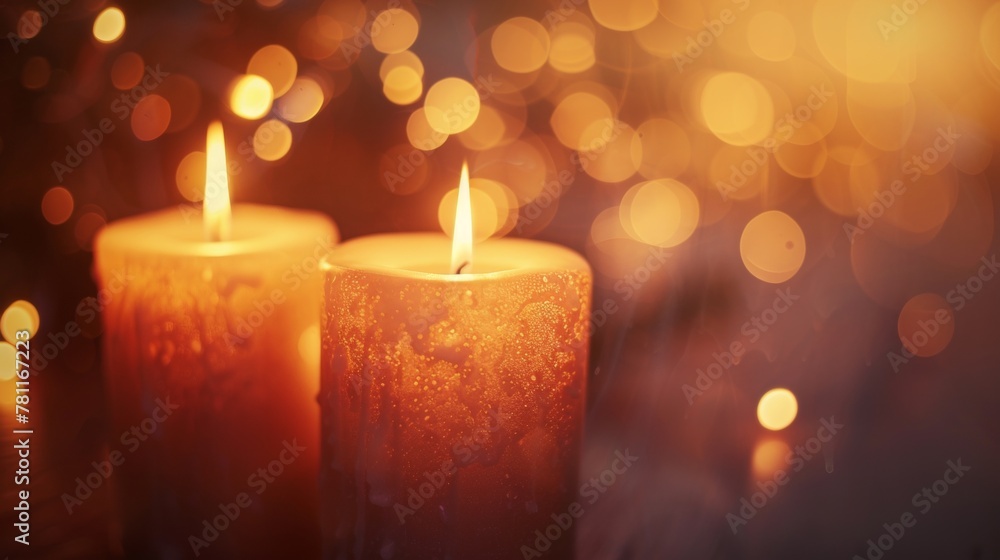 Poster two glowing candles with a warm, golden light against a backdrop of circular bokeh, creating a feeli