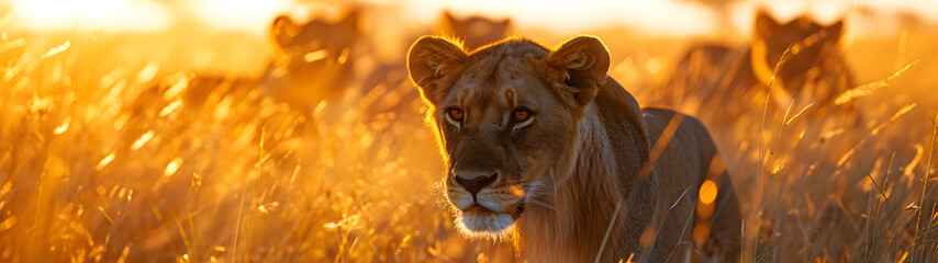 Lions standing in the savanna with setting sun shining. Group of wild animals in nature....