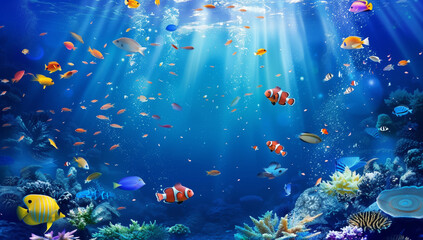 ocean day, fish swimming in the deep blue ocean, with sunlight filtering through the water surface, showcasing an underwater scene with marine life and coral reefs