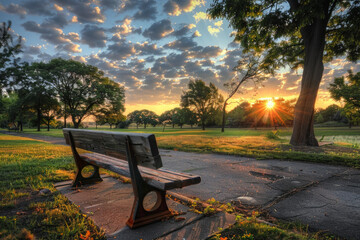 A bench in a park during sunrise