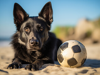 AI generated illustration of a Black German Shepherd on the beach with a soccer ball.