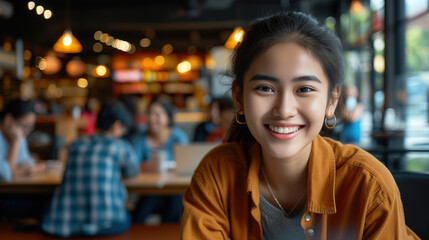 Joyful young Asian woman smiling warmly in a sociable cafe setting. - obrazy, fototapety, plakaty