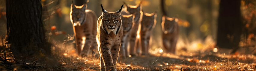 Lynx family in the forest clearing in summer evening with setting sun. Group of wild animals in nature. Horizontal, banner.