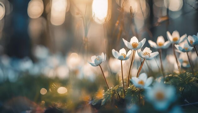 Fototapeta beautiful white flowers of anemones in spring in a forest close up in sunlight in nature spring forest landscape with flowering primroses