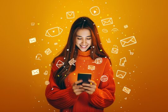 Cheerful woman using smartphone with social media icons on orange background