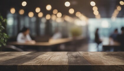 empty wood tabletop and blurred bokeh people working in office interior space banner background can used for display or montage your products