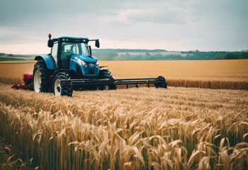 a tractor parked in the middle of a field next to wheat