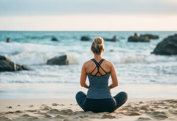 Fototapeta na wymiar young woman in sports clothes doing yoga at the beach, front view