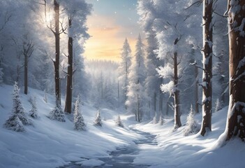 AI generated illustration of a snow-covered path winding through a frosty forest - obrazy, fototapety, plakaty