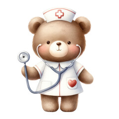 cute animal wear nurse costume with a syringe. watercolor illustration, Perfect for nursery art, medicine animal doctor clipart.
