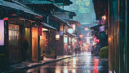 ai generated ai generative traditional japanese city town walking street night life in rain time...