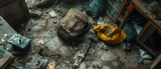An abandoned room with scattered debris, a disheveled backpack and a tattered yellow fabric, giving an impression of neglect and desolation.