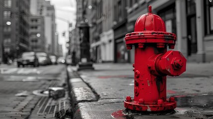 Vibrant red fire hydrant stands out on a grayscale city street. Urban still life with a pop of color to catch the eye. Aesthetic and functional cityscape. AI
