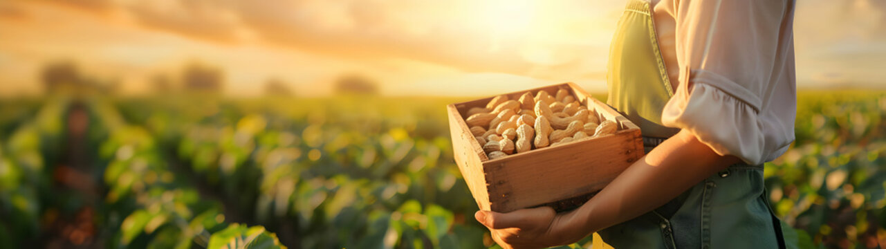 Beautiful young farmer woman holding a wooden box full of peanuts standing in the field with sunset. Concept of healthy lifestyle, local farming and beauty.