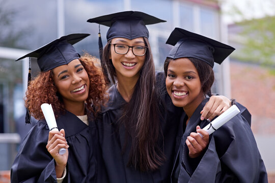 Portrait, university and girl students at graduation excited for future with pride, happiness and confidence. Smile, education and women friends with college degree, diploma or certificate on campus.