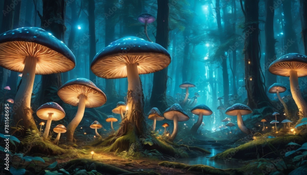 Poster a magical forest filled with towering bioluminescent mushrooms casts a soft glow, creating an otherw