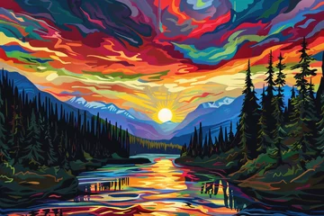 Poster a colorful landscape with a river and mountains © Gheorhe