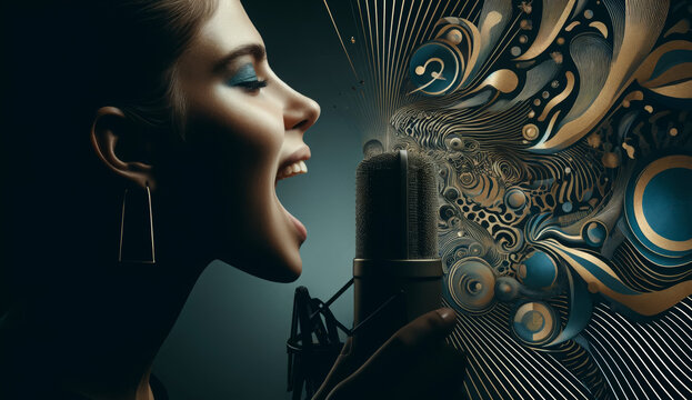 AI generated illustration of a woman singing into a microphone, with ornate golden patterns