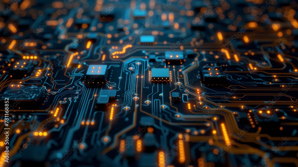 Poster detailed close-up of a circuit board with illuminated pathways.