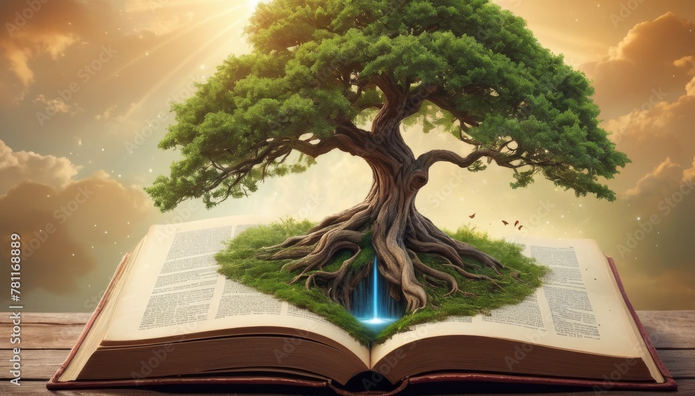 Poster a large, vibrant tree with sprawling branches emerges from an open book against a backdrop of a gold