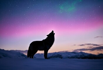 A wolf standing in the snow, looking up at the vibrant colors of an aurora borealis in the night sky