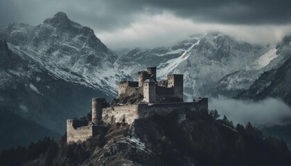 image of a majestic ancient fortress amidst snowy mountain range generative ai - Powered by Adobe