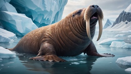 A grand walrus, with prominent tusks, rests on an icy platform surrounded by the cold blue waters of the Arctic, its whiskered face conveying a sense of serene strength in a frosty landscape.. AI