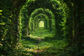 A beautiful green nature tunnel formed by plants