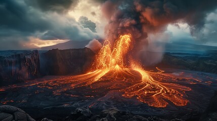 AI generated illustration of an active volcano erupting lava into the air - obrazy, fototapety, plakaty