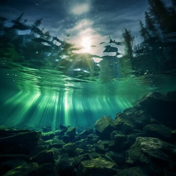 AI generated illustration of an underwater scene with a collection of green rocks