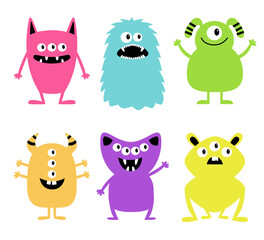 Happy Halloween. Monster set. Cartoon kawaii funny boo baby character. Colorful silhouette monsters. Cute different face. Teeth, eyes, horns, hands. Childish style. White background Flat design Vector - obrazy, fototapety, plakaty
