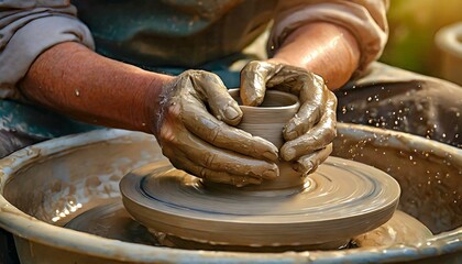 Female potter creating large pottery on a spinning wheel, AI-generated. - obrazy, fototapety, plakaty