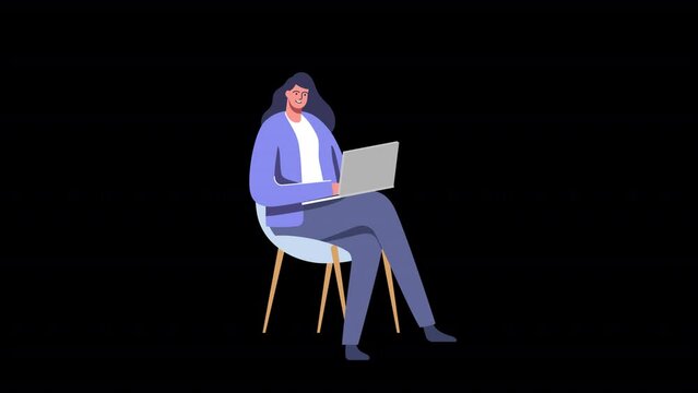 2D Woman Character Using laptop Animation HD On Alpha