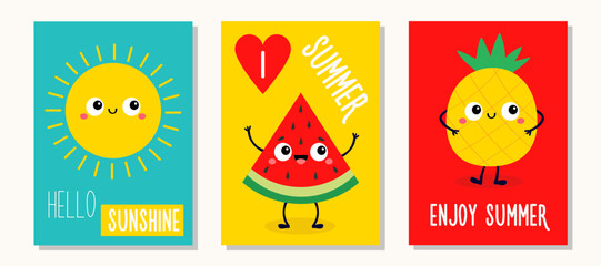 Sun, watermelon, pineapple set. Cute cartoon kawaii funny baby character. Smiling face. Hello sunshine, I love summer, Hello summer greeting card. Flat design. Blue, yellow, red background. Vector