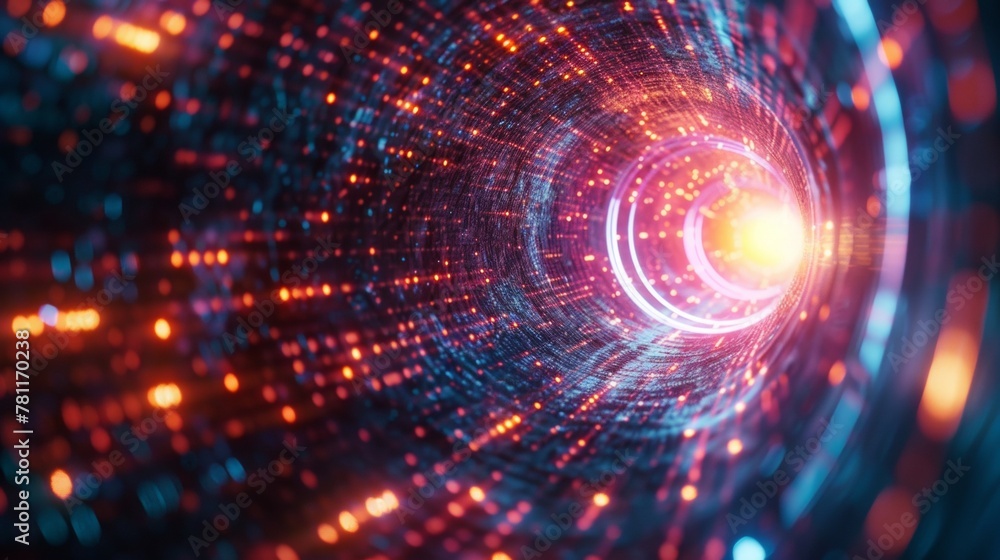 Poster abstract concept of a digital tunnel with a glowing light at the end.