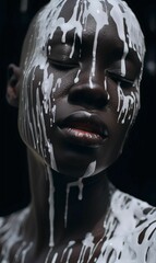 a girl with white paint all over her face and neck