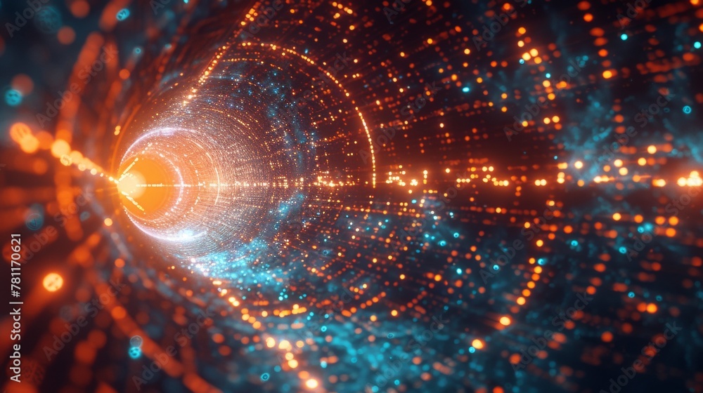 Poster abstract concept of a digital tunnel with a glowing light at the end.