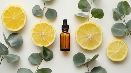 lemon essential oil on a white background with eucalyptus leaves and half an orange - obrazy, fototapety, plakaty