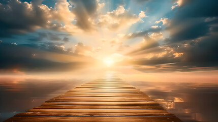 panoramic view of a wooden pontoon leading to a bright sun with light rays reflecting in clear water and piercing a cloudy sky , sunrise , landscape - obrazy, fototapety, plakaty