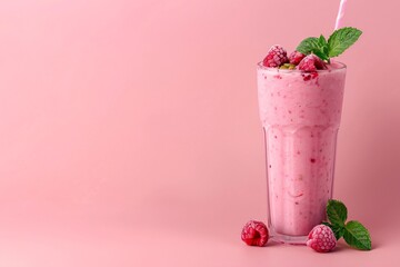 a glass of pink smoothie with raspberries and mint leaves
