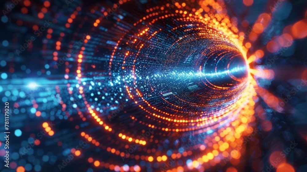 Poster abstract concept of a digital tunnel with a glowing light at the end.