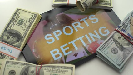 tablet pc with app for sport bets, on top of stacks of banknotes, white background, concept of online bets 3d render