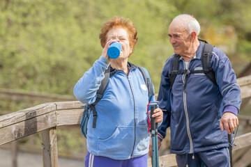 senior couple hiking outdoors in nature - 781171045