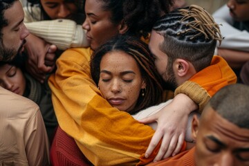 Obraz na płótnie Canvas Embrace of diversity, close-up of multiethnic group hug