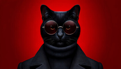AI generated illustration of a black cat in sunglasses and a turtleneck sweater on a red background