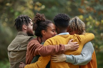 Group of diverse friends embracing in a heartfelt hug outdoors