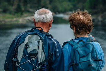 senior couple hiking outdoors in nature - 781171485