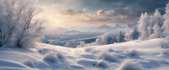AI generated illustration of a snowy field with snow-covered bushes and distant mountains - obrazy, fototapety, plakaty