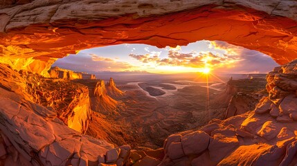 Breathtaking cave opening view at sunset. Panoramic landscape of rugged canyons. Serene nature scene with warm light. Ideal for travel and adventure themes. AI