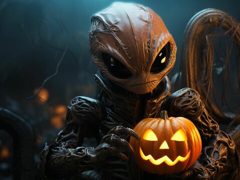 AI generated illustration of a spooky alien holding a pumpkin lantern